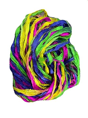 Knit Silk Sari Silk Ribbon Super Bulky Yarn Pink Yellow Blue Green 1 Skein