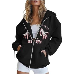 lausiuoe hoodies for women zip up womens zip up cropped hoodies fleece oversized sweatshirts full zipper jackets y2k fall clothes 2023 fashion outfits black