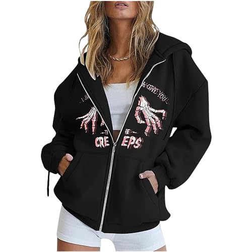 Lausiuoe Hoodies For Women Zip Up Womens Zip Up Cropped Hoodies Fleece Oversized Sweatshirts Full Zipper Jackets Y2k Fall Clothes 2023 Fashion Outfits Black