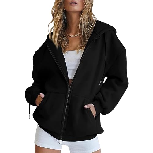 Lausiuoe Black Hoodie Zip Up Graphic Women Hoodies Fleece Oversized Sweatshirt Drop Shoulder Long Sleeve Athletic Workout Pullover Y2K Clothes