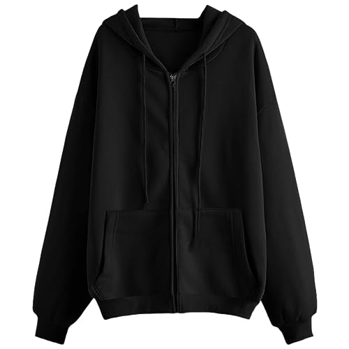 Lausiuoe Black Hoodie Zip Up Graphic Women Hoodies Fleece Oversized Sweatshirt Drop Shoulder Long Sleeve Athletic Workout Pullover Y2K Clothes