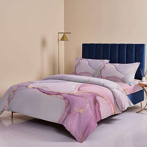 Pink Gradient Marble Golden Veins Duvet Cover Sets 4 Piece Queen Ultra Soft Bed Quilt Cover Set for Kids/Teens/Women/Men,Modern Abstract Ink Painting Art Bedding Collection All Season Use