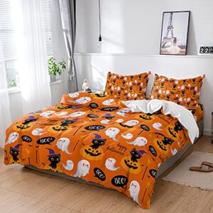 halloween orange pumpkin ghost face duvet cover sets 4 piece twin ultra soft bed quilt cover set for kids/teens/women/men,cute black cat ghost seamless bedding collection all season use
