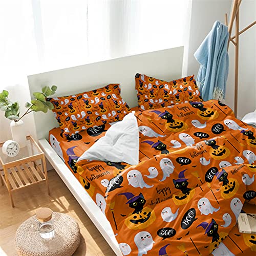 Halloween Orange Pumpkin Ghost Face Duvet Cover Sets 4 Piece Twin Ultra Soft Bed Quilt Cover Set for Kids/Teens/Women/Men,Cute Black Cat Ghost Seamless Bedding Collection All Season Use