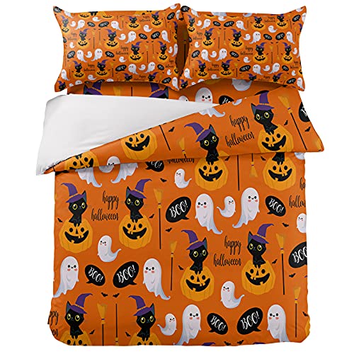 Halloween Orange Pumpkin Ghost Face Duvet Cover Sets 4 Piece Twin Ultra Soft Bed Quilt Cover Set for Kids/Teens/Women/Men,Cute Black Cat Ghost Seamless Bedding Collection All Season Use