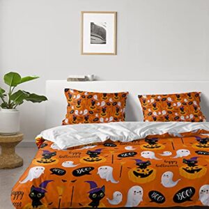 Halloween Orange Pumpkin Ghost Face Duvet Cover Sets 4 Piece Twin Ultra Soft Bed Quilt Cover Set for Kids/Teens/Women/Men,Cute Black Cat Ghost Seamless Bedding Collection All Season Use