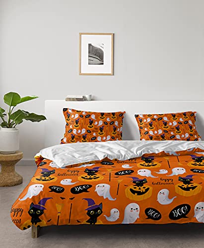 Halloween Orange Pumpkin Ghost Face Duvet Cover Sets 4 Piece Twin Ultra Soft Bed Quilt Cover Set for Kids/Teens/Women/Men,Cute Black Cat Ghost Seamless Bedding Collection All Season Use