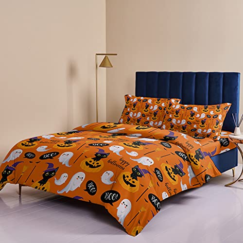 Halloween Orange Pumpkin Ghost Face Duvet Cover Sets 4 Piece Twin Ultra Soft Bed Quilt Cover Set for Kids/Teens/Women/Men,Cute Black Cat Ghost Seamless Bedding Collection All Season Use