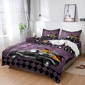 halloween pumpkin ghost face black truck duvet cover sets 4 piece full ultra soft bed quilt cover set for kids/teens/women/men,bat dead trees plaid bedding collection all season use