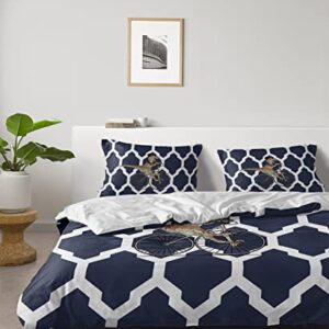 Moroccan Textured Dinosaur on Bicycle Duvet Cover Sets 4 Piece Twin Ultra Soft Bed Quilt Cover Set for Kids/Teens/Women/Men,Modern Minimalism Navy Blue Back Bedding Collection All Season Use