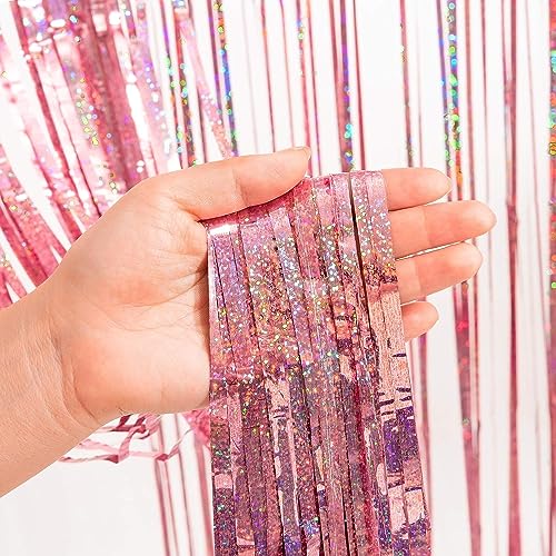 Rose Gold Tinsel Curtain Party Backdrop- Foil Fringe Curtain Streamers for Bachelorette Party Decorations Bride to Be Birthday Girls Streamers Party Decor 4 Packs(2M-78IN) (Rose Gold)