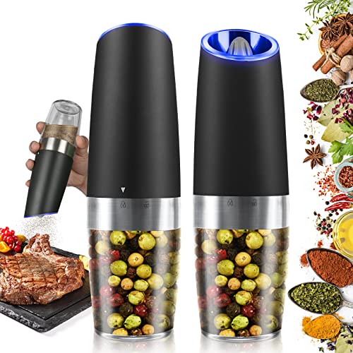 Gravity Electric Salt and Pepper Grinder Set, 2 Pack Automatic Salt and Pepper Grinder Set With LED Light & Adjustable Coarseness, One Hand Operation Mill Grinder Battery-Operated, Gift Idea, Black