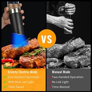 Gravity Electric Salt and Pepper Grinder Set, 2 Pack Automatic Salt and Pepper Grinder Set With LED Light & Adjustable Coarseness, One Hand Operation Mill Grinder Battery-Operated, Gift Idea, Black