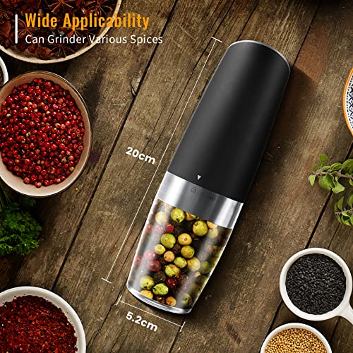 Gravity Electric Salt and Pepper Grinder Set, 2 Pack Automatic Salt and Pepper Grinder Set With LED Light & Adjustable Coarseness, One Hand Operation Mill Grinder Battery-Operated, Gift Idea, Black