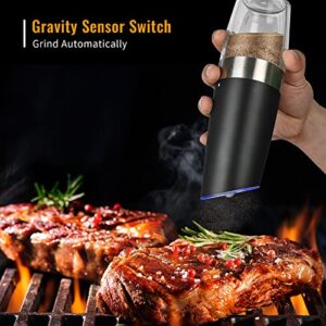 Gravity Electric Salt and Pepper Grinder Set, 2 Pack Automatic Salt and Pepper Grinder Set With LED Light & Adjustable Coarseness, One Hand Operation Mill Grinder Battery-Operated, Gift Idea, Black