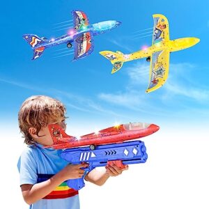 3 pack airplane launcher toy, 2 flight modes led foam glider catapult plane toy with 3 diy stickers for boys, outdoor flying toys for boys girls for 4 5 6 7 8 9 10 12 year old kids birthday gifts