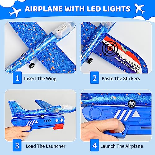 3 Pack Airplane Launcher Toy, 2 Flight Modes LED Foam Glider Catapult Plane Toy with 3 DIY Stickers for Boys, Outdoor Flying Toys for Boys Girls for 4 5 6 7 8 9 10 12 Year Old Kids Birthday Gifts