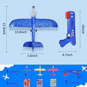 3 Pack Airplane Launcher Toy, 2 Flight Modes LED Foam Glider Catapult Plane Toy with 3 DIY Stickers for Boys, Outdoor Flying Toys for Boys Girls for 4 5 6 7 8 9 10 12 Year Old Kids Birthday Gifts