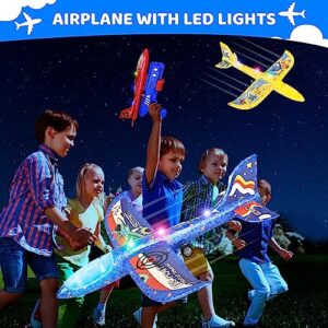 3 Pack Airplane Launcher Toy, 2 Flight Modes LED Foam Glider Catapult Plane Toy with 3 DIY Stickers for Boys, Outdoor Flying Toys for Boys Girls for 4 5 6 7 8 9 10 12 Year Old Kids Birthday Gifts