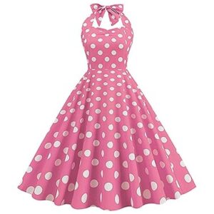 Lchiji Women Pink Gingham Swing Dress Vintage 1950s Cocktail Party Midi Dress Halter Neck Plaid A-Line Dress (Halter 2-Pink, M)