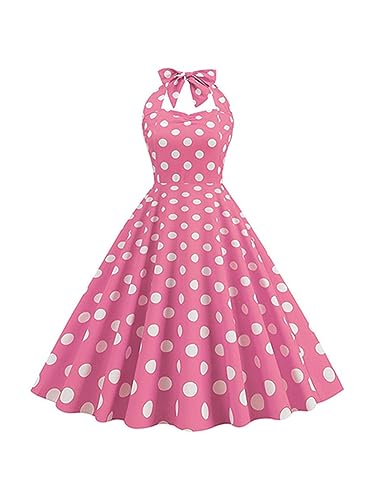 Lchiji Women Pink Gingham Swing Dress Vintage 1950s Cocktail Party Midi Dress Halter Neck Plaid A-Line Dress (Halter 2-Pink, M)