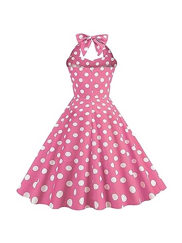 Lchiji Women Pink Gingham Swing Dress Vintage 1950s Cocktail Party Midi Dress Halter Neck Plaid A-Line Dress (Halter 2-Pink, M)