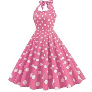 Lchiji Women Pink Gingham Swing Dress Vintage 1950s Cocktail Party Midi Dress Halter Neck Plaid A-Line Dress (Halter 2-Pink, M)