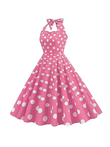 Lchiji Women Pink Gingham Swing Dress Vintage 1950s Cocktail Party Midi Dress Halter Neck Plaid A-Line Dress (Halter 2-Pink, M)