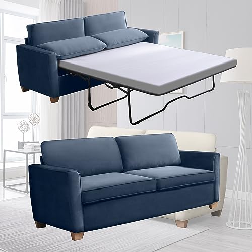 ijuicy Full Size Pull Out Couch, Pull Out Sofa Bed with Foam Mattress, Velvet Sofa with Pull Out Bed, 2-in-1 Sleeper Couch Bed for Living Room, Apartment, Small Spaces (Blue)