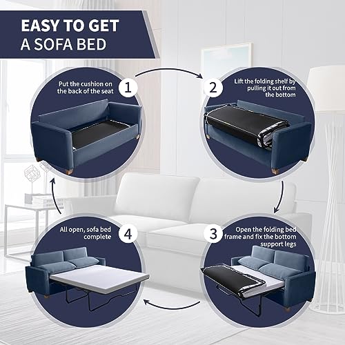 ijuicy Full Size Pull Out Couch, Pull Out Sofa Bed with Foam Mattress, Velvet Sofa with Pull Out Bed, 2-in-1 Sleeper Couch Bed for Living Room, Apartment, Small Spaces (Blue)