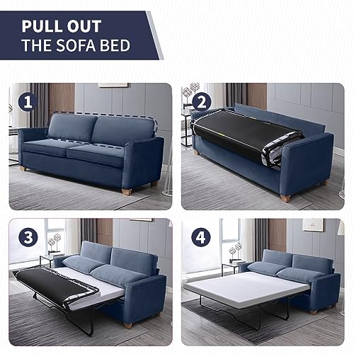 ijuicy Full Size Pull Out Couch, Pull Out Sofa Bed with Foam Mattress, Velvet Sofa with Pull Out Bed, 2-in-1 Sleeper Couch Bed for Living Room, Apartment, Small Spaces (Blue)