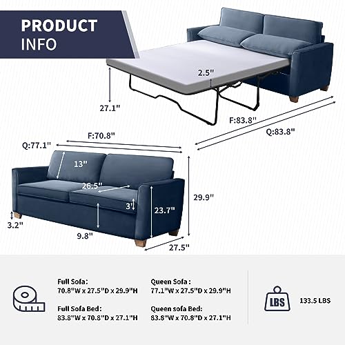 ijuicy Full Size Pull Out Couch, Pull Out Sofa Bed with Foam Mattress, Velvet Sofa with Pull Out Bed, 2-in-1 Sleeper Couch Bed for Living Room, Apartment, Small Spaces (Blue)