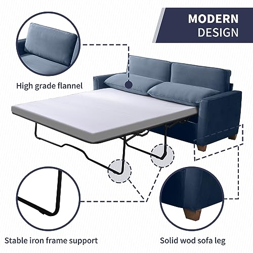 ijuicy Full Size Pull Out Couch, Pull Out Sofa Bed with Foam Mattress, Velvet Sofa with Pull Out Bed, 2-in-1 Sleeper Couch Bed for Living Room, Apartment, Small Spaces (Blue)