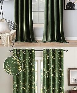 MIULEE Olive Green Velvet Curtains Grommet Thermal Insulated Room Darkening Drape for Classical Living Room Bedroom Decor Bundle Glitter Metallic Marble Pattern Gold Foil Print Curtains 96 Inches Long