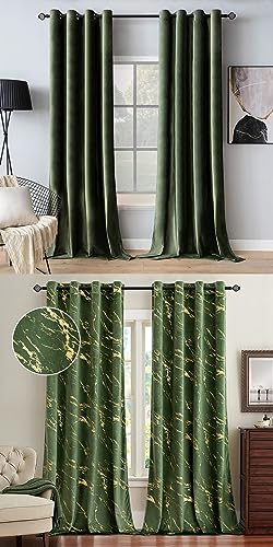 MIULEE Olive Green Velvet Curtains Grommet Thermal Insulated Room Darkening Drape for Classical Living Room Bedroom Decor Bundle Glitter Metallic Marble Pattern Gold Foil Print Curtains 96 Inches Long