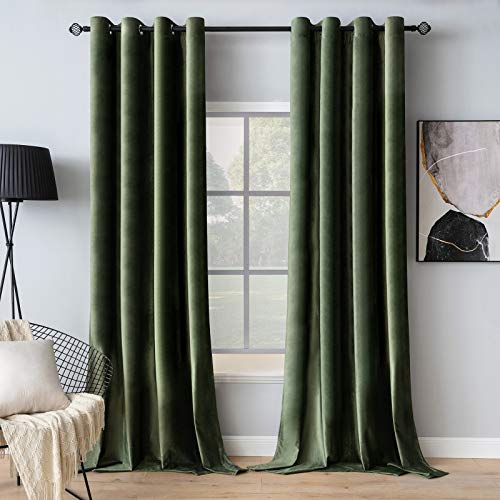 MIULEE Olive Green Velvet Curtains Grommet Thermal Insulated Room Darkening Drape for Classical Living Room Bedroom Decor Bundle Glitter Metallic Marble Pattern Gold Foil Print Curtains 96 Inches Long