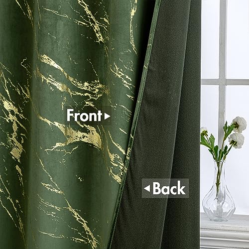 MIULEE Olive Green Velvet Curtains Grommet Thermal Insulated Room Darkening Drape for Classical Living Room Bedroom Decor Bundle Glitter Metallic Marble Pattern Gold Foil Print Curtains 96 Inches Long