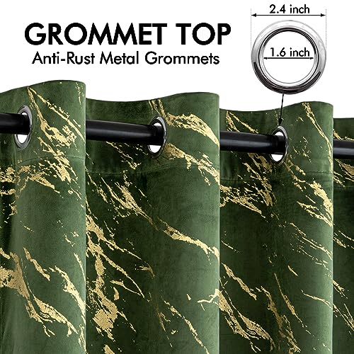 MIULEE Olive Green Velvet Curtains Grommet Thermal Insulated Room Darkening Drape for Classical Living Room Bedroom Decor Bundle Glitter Metallic Marble Pattern Gold Foil Print Curtains 96 Inches Long