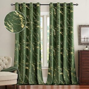 MIULEE Olive Green Velvet Curtains Grommet Thermal Insulated Room Darkening Drape for Classical Living Room Bedroom Decor Bundle Glitter Metallic Marble Pattern Gold Foil Print Curtains 96 Inches Long