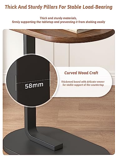 Sofa and Bed Side Table, C Shaped End table Small Coffee Table for Small Spaces, Small Side Table Bedroom Bedside Table, Living Room Wood Couch Tables that Slide Under, 18”L x 12”W (brown+black)