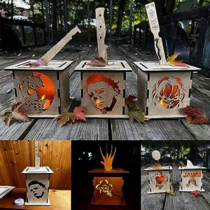 handmade halloween lantern decorations, wooden horror lantern lamp with led candle, halloween horrores character lanternes, halloween night light, horror party light props for indoor outdoor (d)
