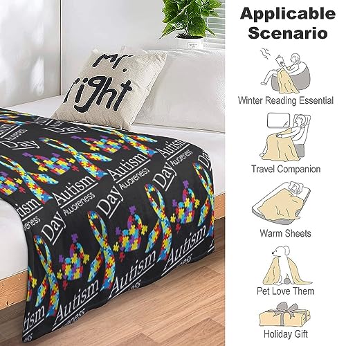 Soft Flannel Blanket for Men Women, Compatible with Colorful Puzzle Autism Awareness Black, Lightweight Fall Blankets Queen King Size, Warmer Personalized Throw Blanket for Sofa Couch Bed Birthday