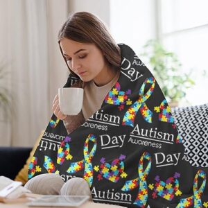 Soft Flannel Blanket for Men Women, Compatible with Colorful Puzzle Autism Awareness Black, Lightweight Fall Blankets Queen King Size, Warmer Personalized Throw Blanket for Sofa Couch Bed Birthday