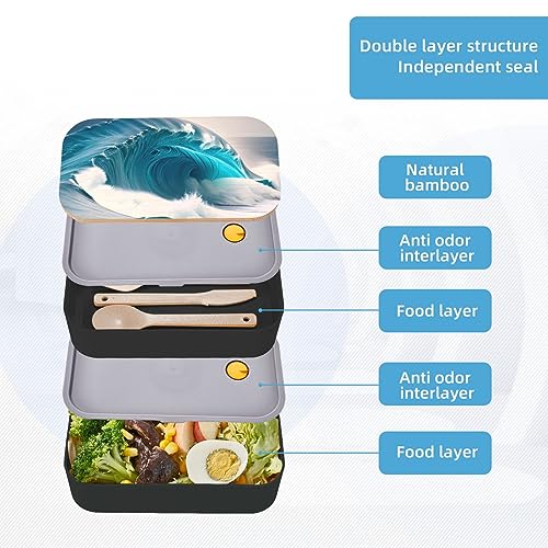 Cartoon Blue Sea Wave Adult Lunch Box, Bento Box, With Cutlery Set Of 3, 2 Compartments, Rectangular, Lunch Box For Adults