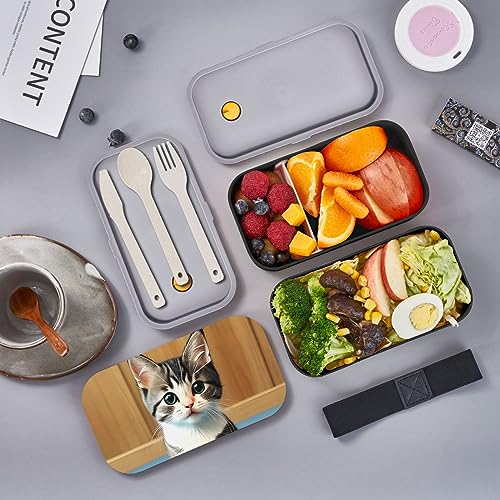 Bedroom Kitten Adult Lunch Box, Bento Box, With Cutlery Set Of 3, 2 Compartments, Rectangular, Lunch Box For Adults