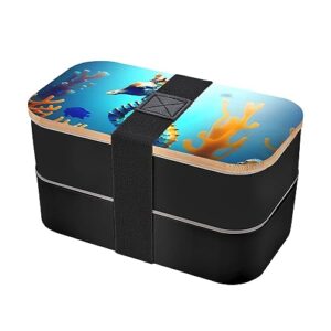 seabed coral seahorse adult lunch box, bento box, with cutlery set of 3, 2 compartments, rectangular, lunch box for adults