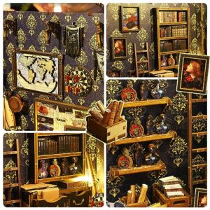 DIY Book Nook Kit, 3D Wooden Puzzle Booknook, Dollhouse Miniature Detective Agency Kits, Bookshelf Insert Decor Alley with LED Light, Assembled Bookends Crafts for Kids/Adults