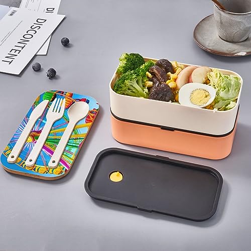 Corlorful Park Adult Lunch Box, Bento Box, With Cutlery Set Of 3, 2 Compartments, Rectangular, Lunch Box For Adults