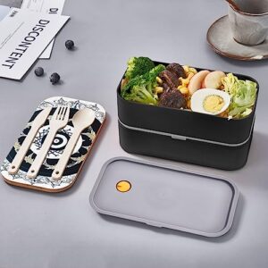 Black And White Round Totem Adult Lunch Box, Bento Box, With Cutlery Set Of 3, 2 Compartments, Rectangular, Lunch Box For Adults