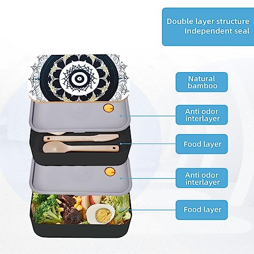 Black And White Round Totem Adult Lunch Box, Bento Box, With Cutlery Set Of 3, 2 Compartments, Rectangular, Lunch Box For Adults